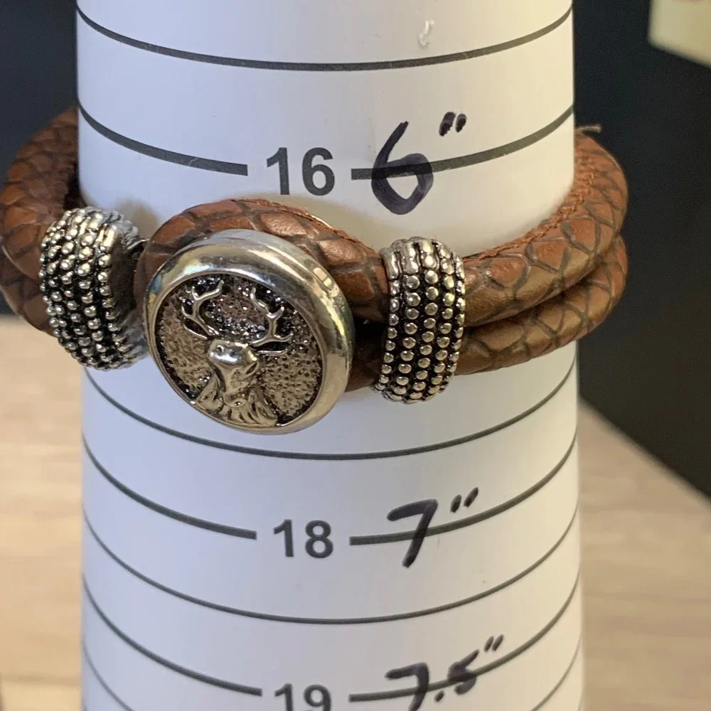 Mens Braided Brown Leather Stag Head Button Bracelet Silver Tone Deer 6 Inch